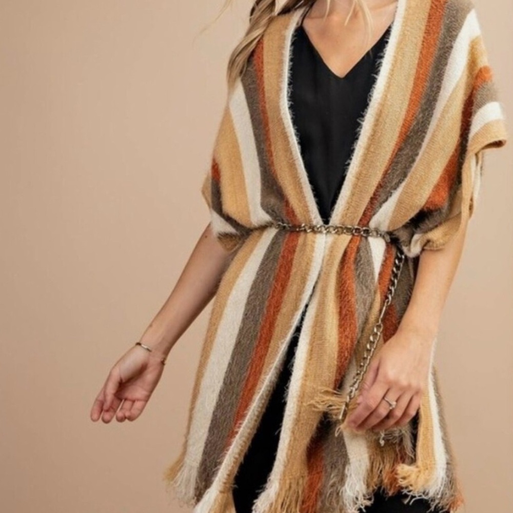 Kori America Boutique Stripe Eyelash Sweater, Oversized Poncho, Fringe